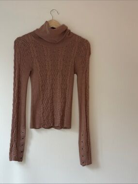 Free People Cable Knit Turtleneck Sweater in Dusty Rose